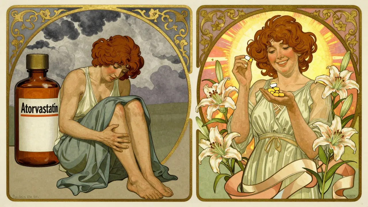 A patient transitions from pain to wellness, shown in split scene with pravastatin and vitamin D in warm sunlight.