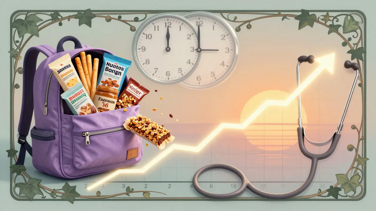 A teen's backpack overflows with healthy snacks as a growth chart declines, with rising curves symbolizing recovery.