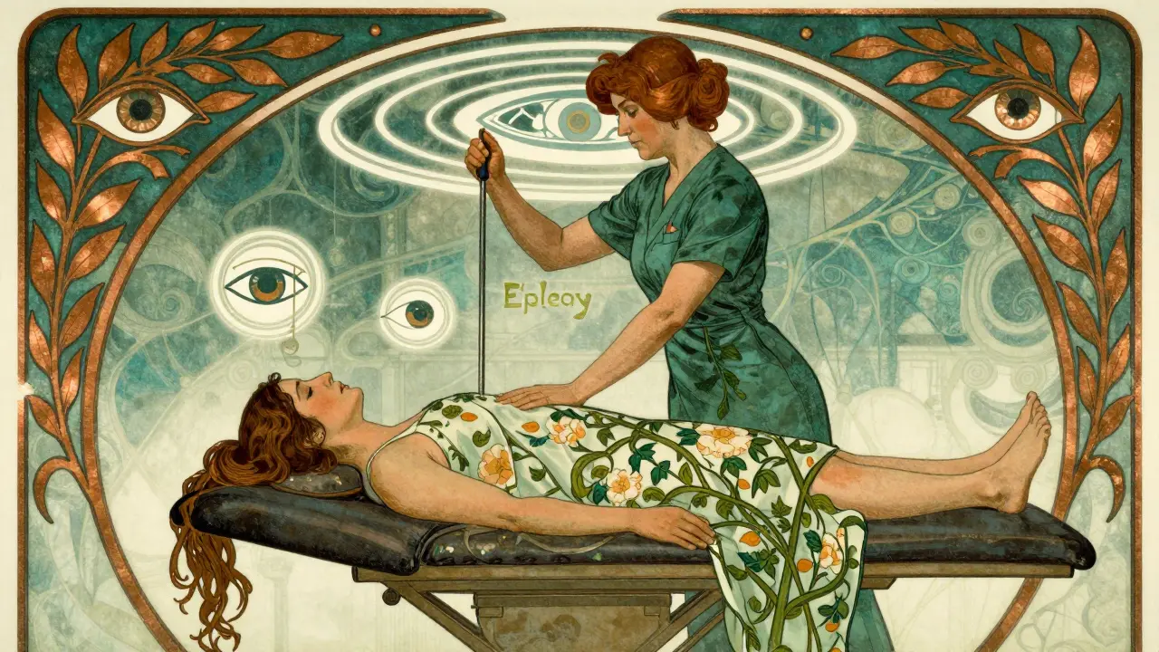 A therapist performs the Epley maneuver on a patient amid floating balance symbols and floral patterns.