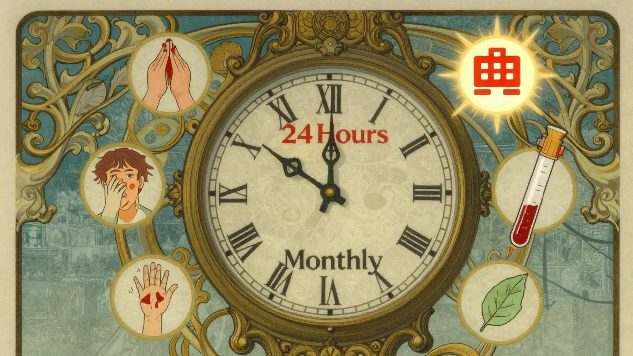An ornate clock with '24 Hours' for serious events and 'Monthly' for non-serious, surrounded by floating medical symbols in Art Nouveau style.