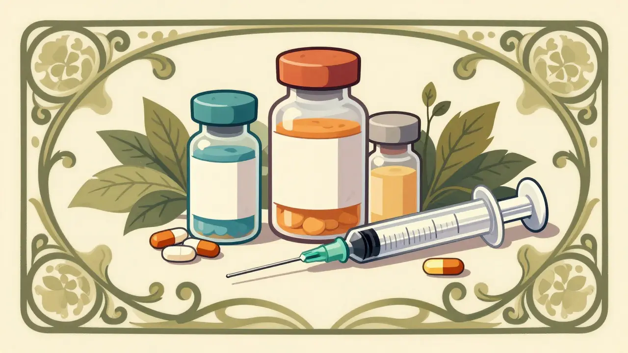 Arrangement of pill bottles and syringe with decorative vines.