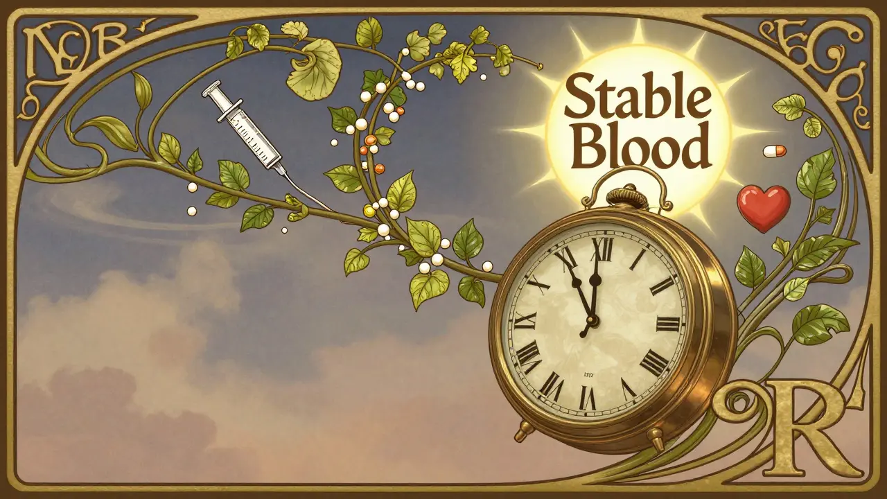 Clock with INR scale at 2.5, surrounded by floating pills and leaves in Art Nouveau design