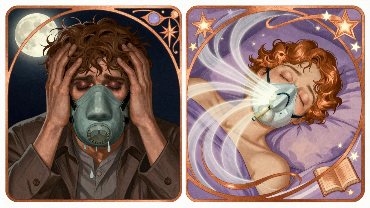 Contrasting images: one person struggles with a leaking mask at night, another sleeps soundly with a minimalist nasal pillow and glowing air lines.