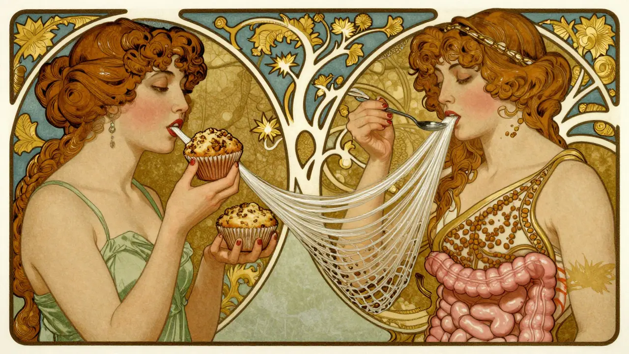 Contrasting scenes: one woman eats bran muffin with inert fiber, another absorbs viscous gel that blocks fat.