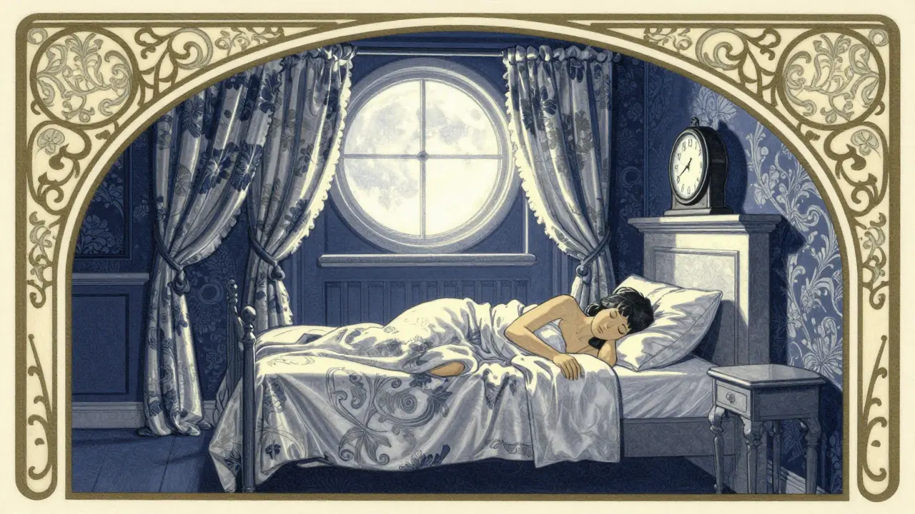 Darkened bedroom interior with moonlight and sleeping figure