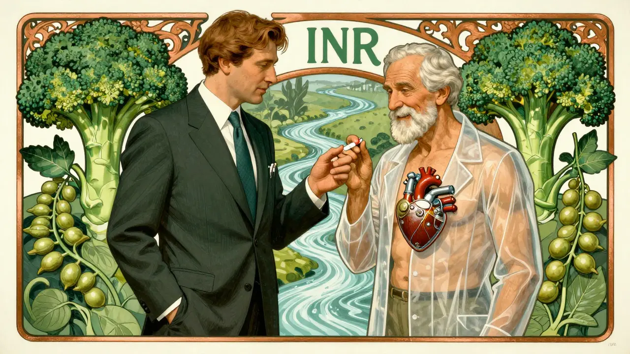 Doctor giving a vitamin K pill to man with visible heart valve, leafy plants in background