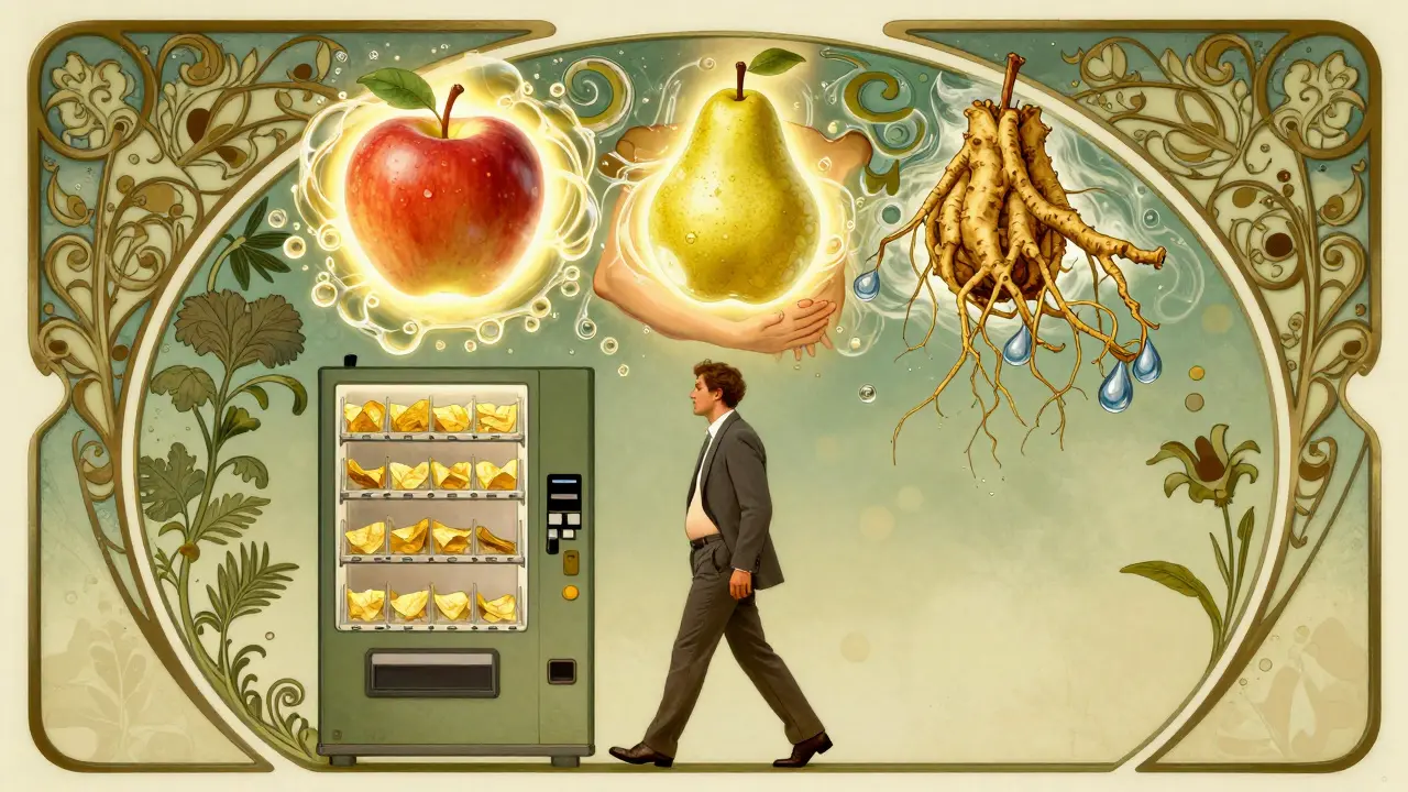 Fruit floating with gel particles above a stomach, while a man walks away from junk food, waist shrinking.