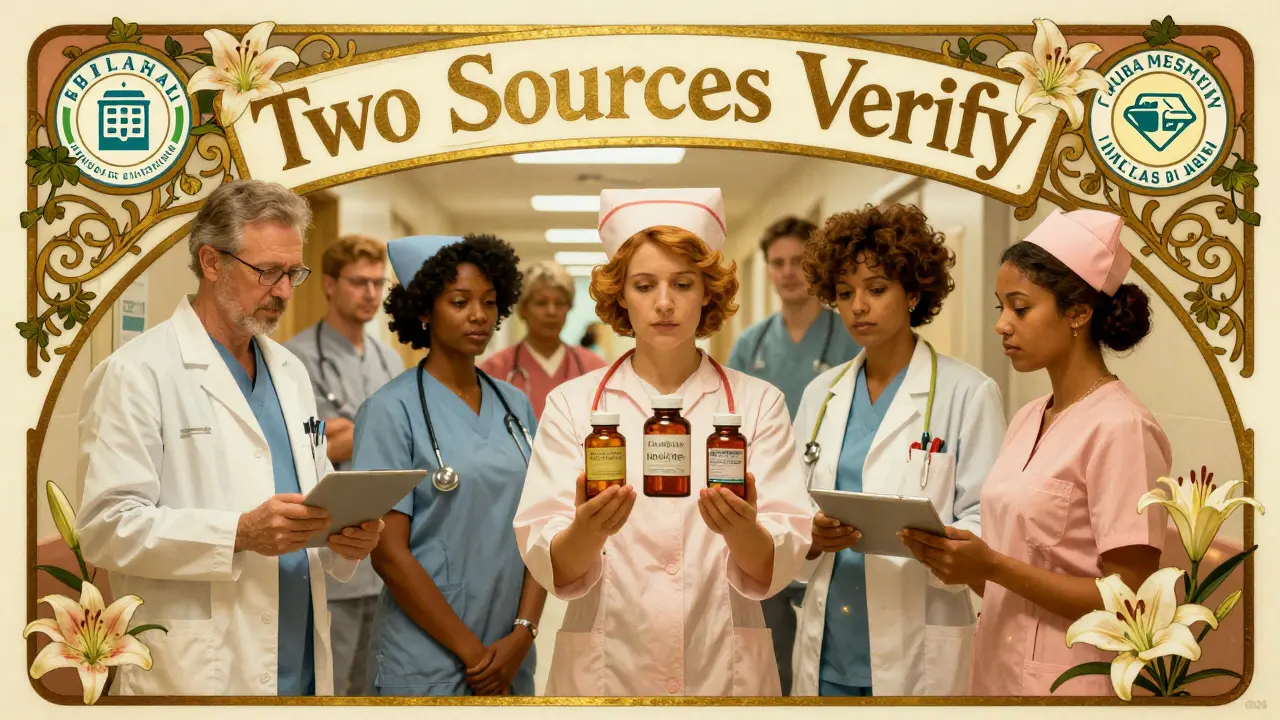 Healthcare team gathers around a patient holding pill bottles, with ornate banner reading 'Two Sources Verify' in Art Nouveau style.
