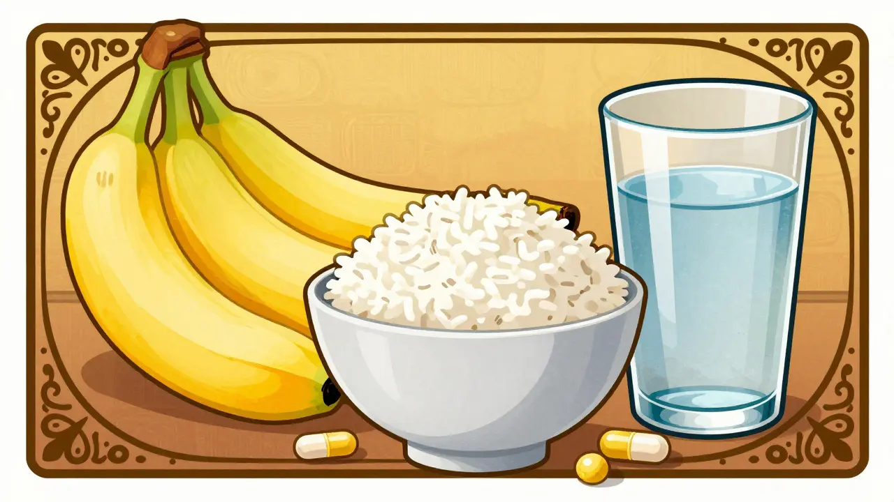 Healthy food items and probiotics framed by ornate borders.