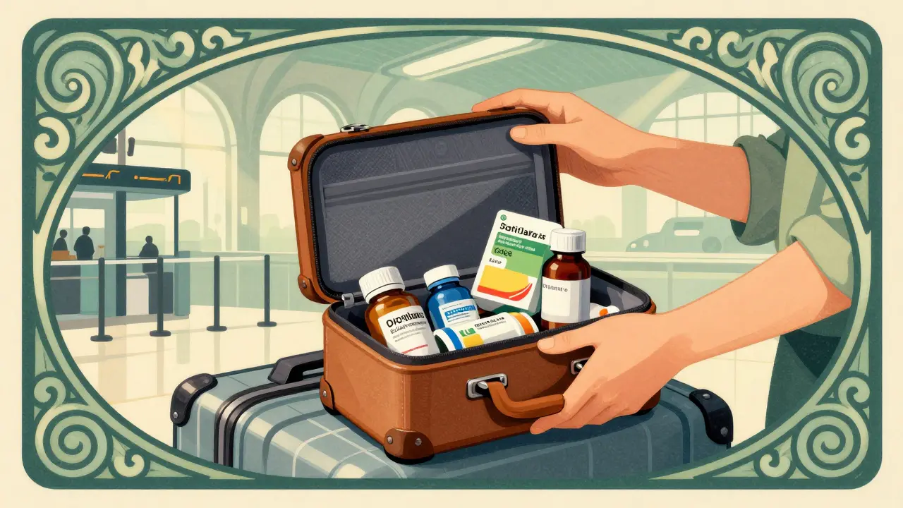 Passenger carrying medicine bag through airport security checkpoint.