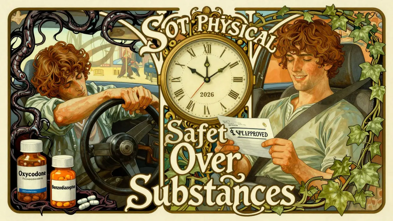 Split image: one side shows a drowsy driver surrounded by dangerous pills, the other shows a safe driver with SPE approval, in Art Nouveau design.