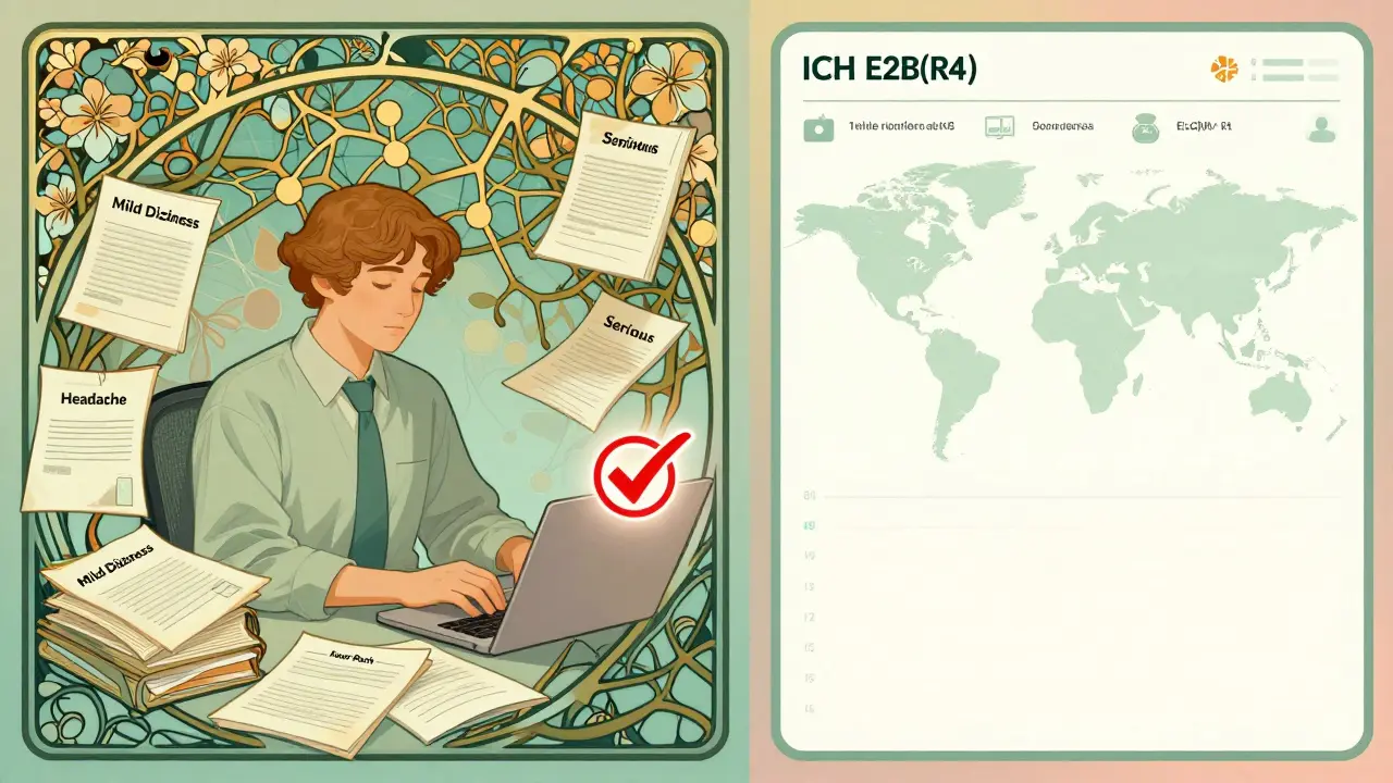 Split scene: confused researcher with paper files vs. AI analyzing data with glowing serious event flag, all in Art Nouveau aesthetic.