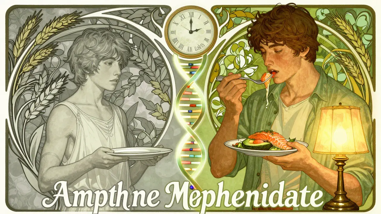 Two teens contrast in height and nutrition, with DNA paths showing medication differences under warm light.