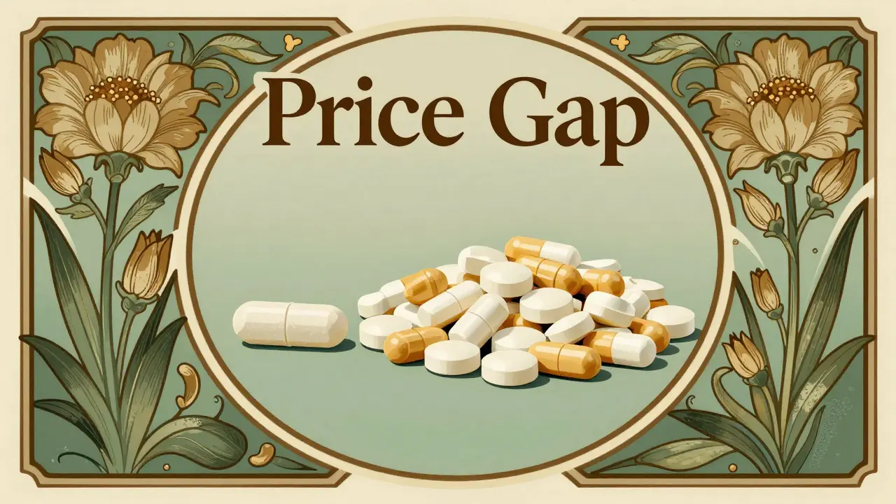A decorative scale comparing expensive brand name medicine to affordable generics
