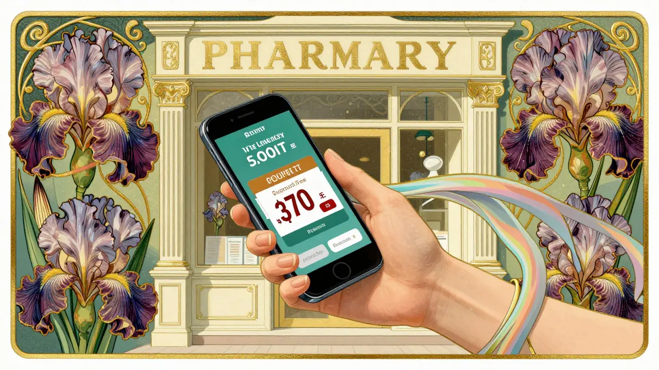 A hand using a smartphone to find pharmacy discounts framed by floral Art Nouveau borders