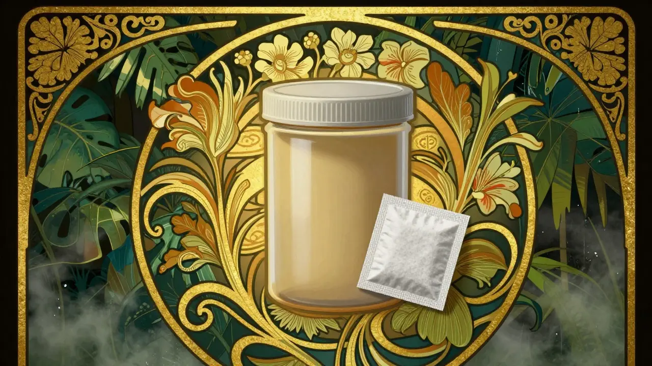 Art Nouveau artwork showing a silica gel packet and airtight container protected by golden swirls.