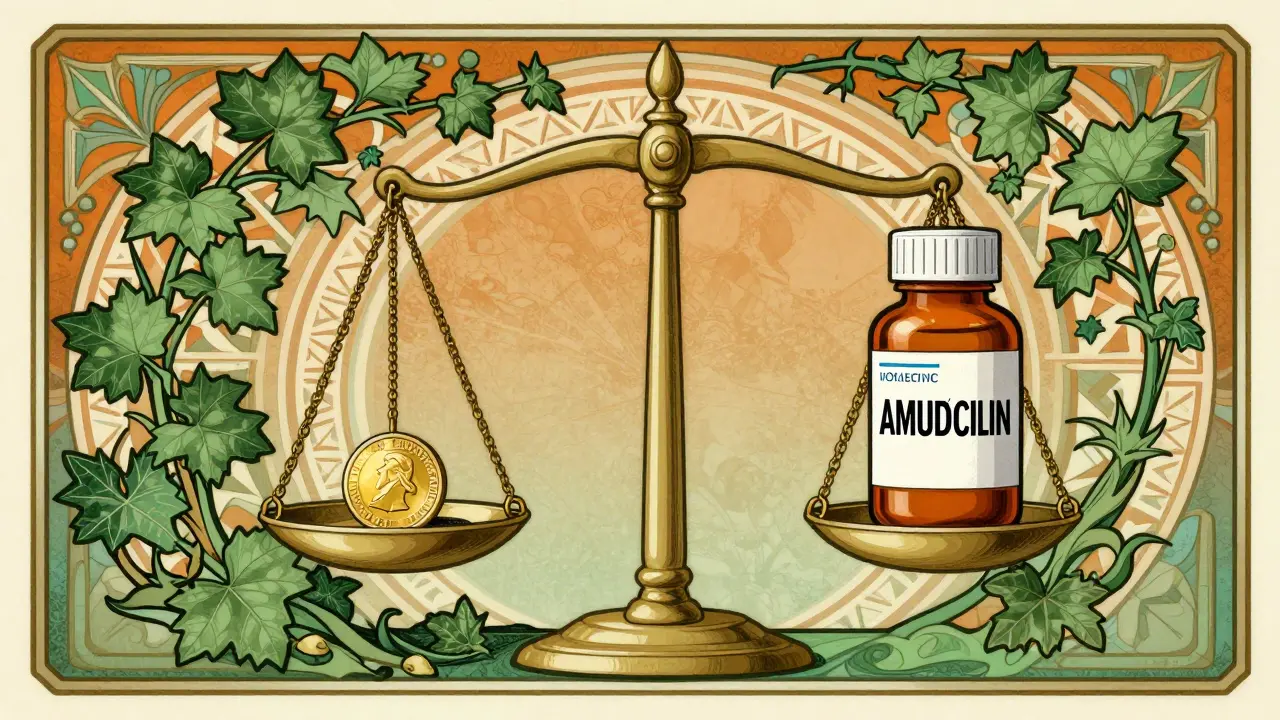 Art Nouveau scale balancing a gold coin with a bottle of generic medication