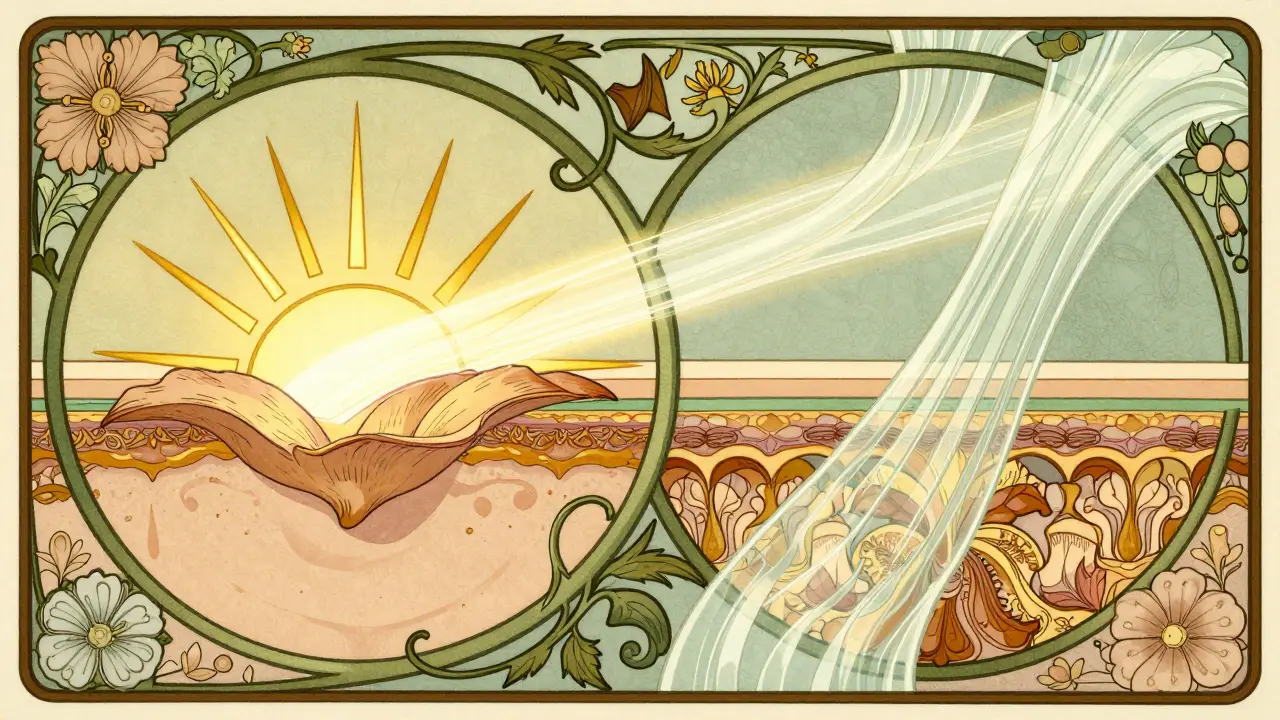Conceptual illustration of UVA and UVB rays using stylized floral and vine motifs.