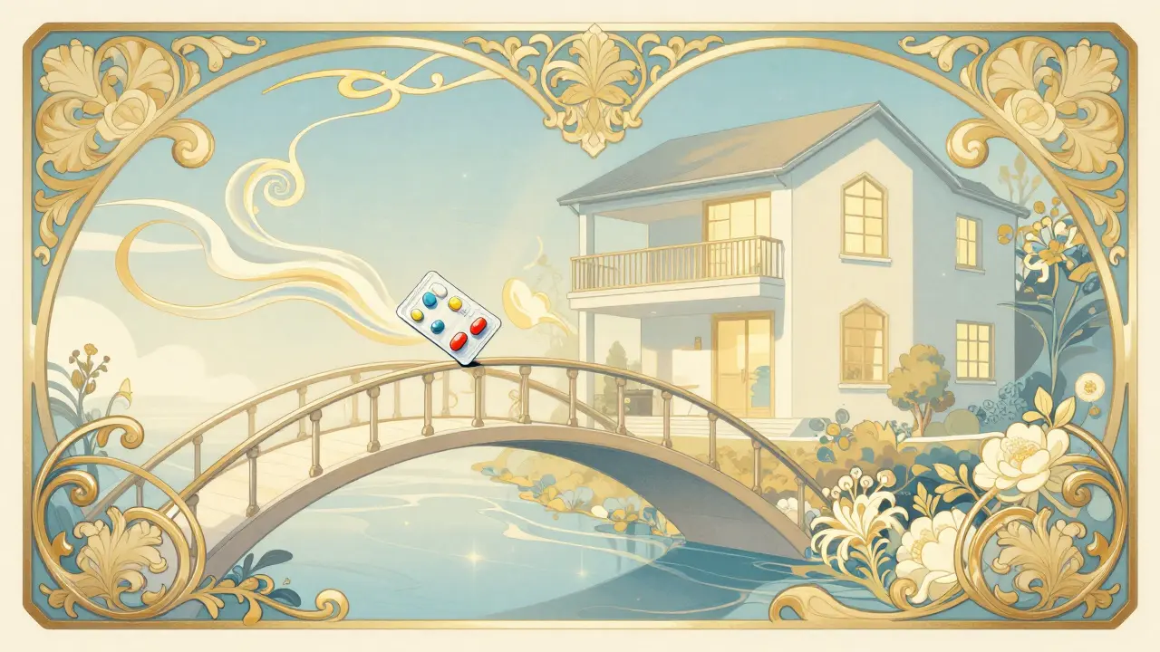 Decorative Art Nouveau bridge connecting a home to a pharmacy delivery