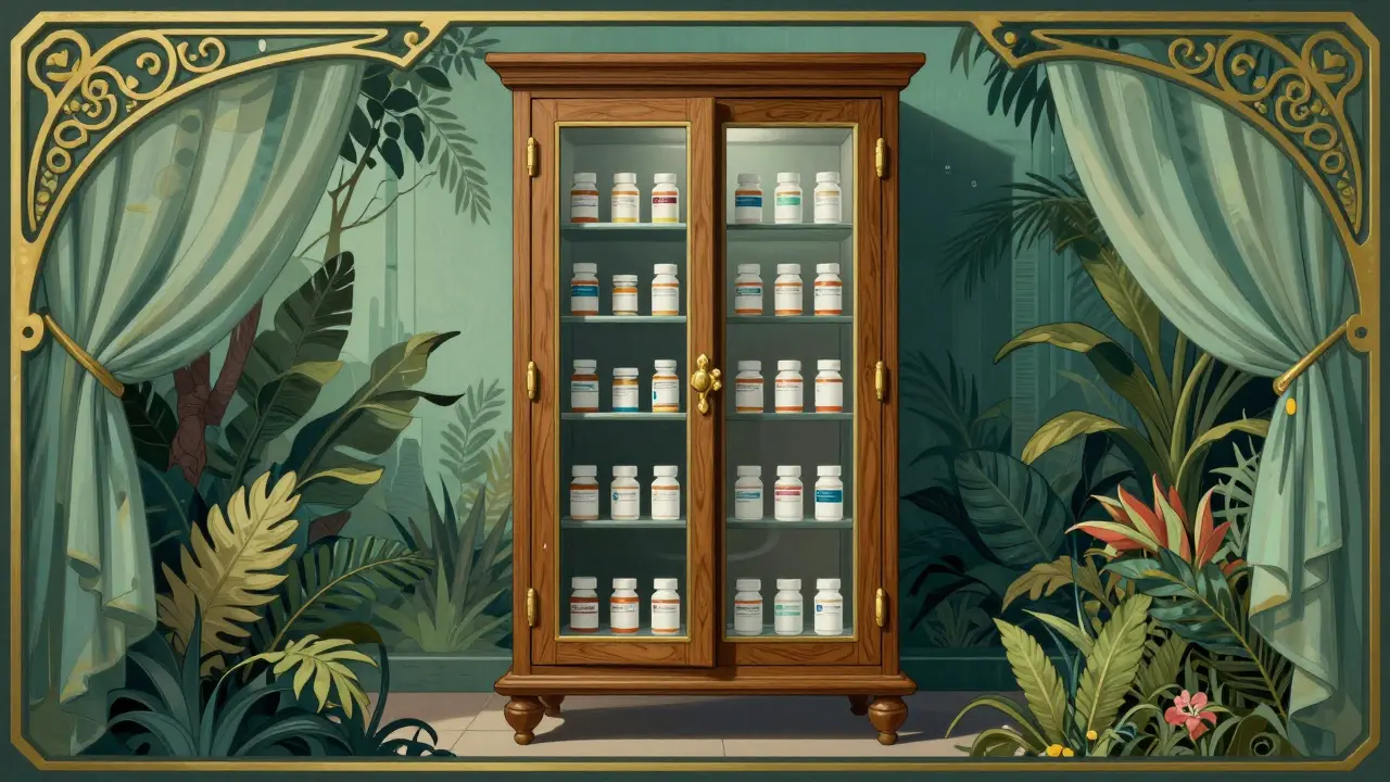 Elegant Art Nouveau illustration of a professional dry cabinet for storing medications in a tropical setting.
