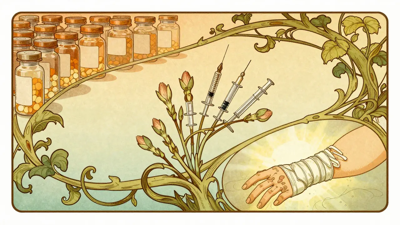 Vignettes connected by vines showing pills transitioning to syringes then healing