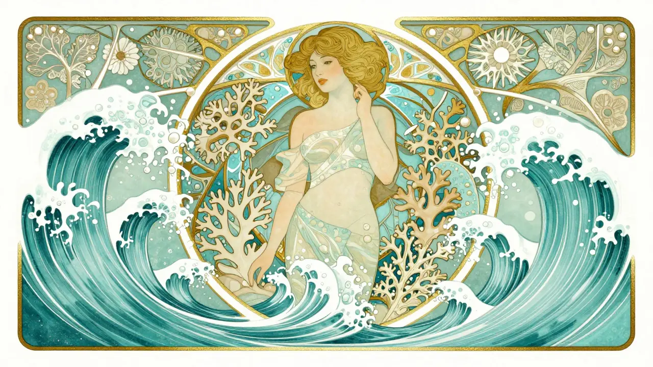 Woman emerging from stylized turquoise waves surrounded by Art Nouveau coral ornaments.